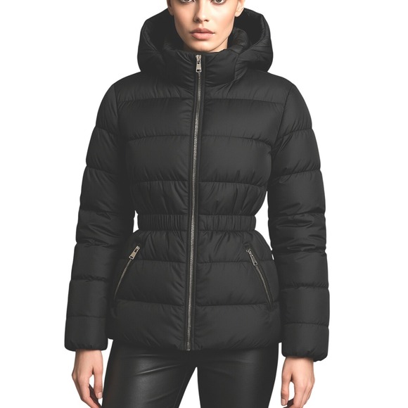 Lands'‎ End Parka Mock Neck Down Jacket Black Full Zip Medium Cinched Waist EUC